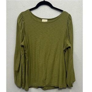Nation LTD Shirt Womens Large Top Green Pima Cotton Long Sleeve Puff Shoulder